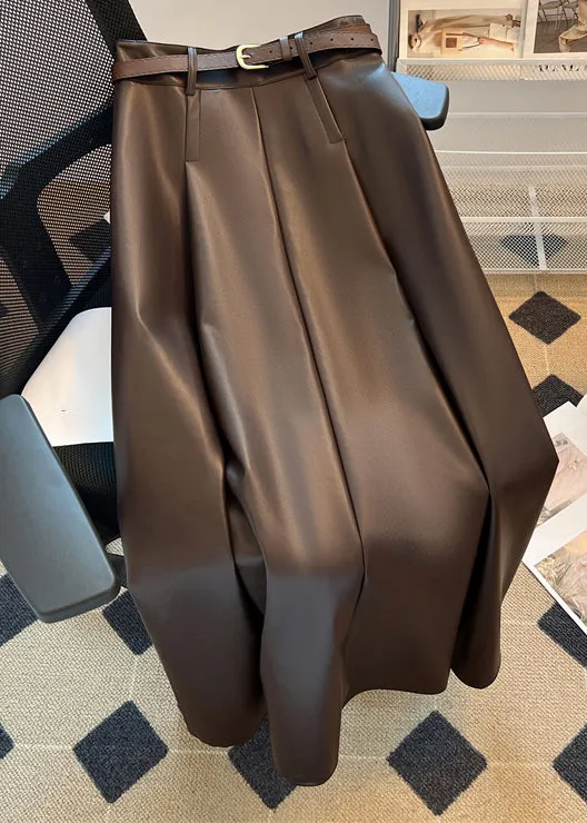 New Coffee Zippered High Waist Faux Leather Skirt Winter ER022