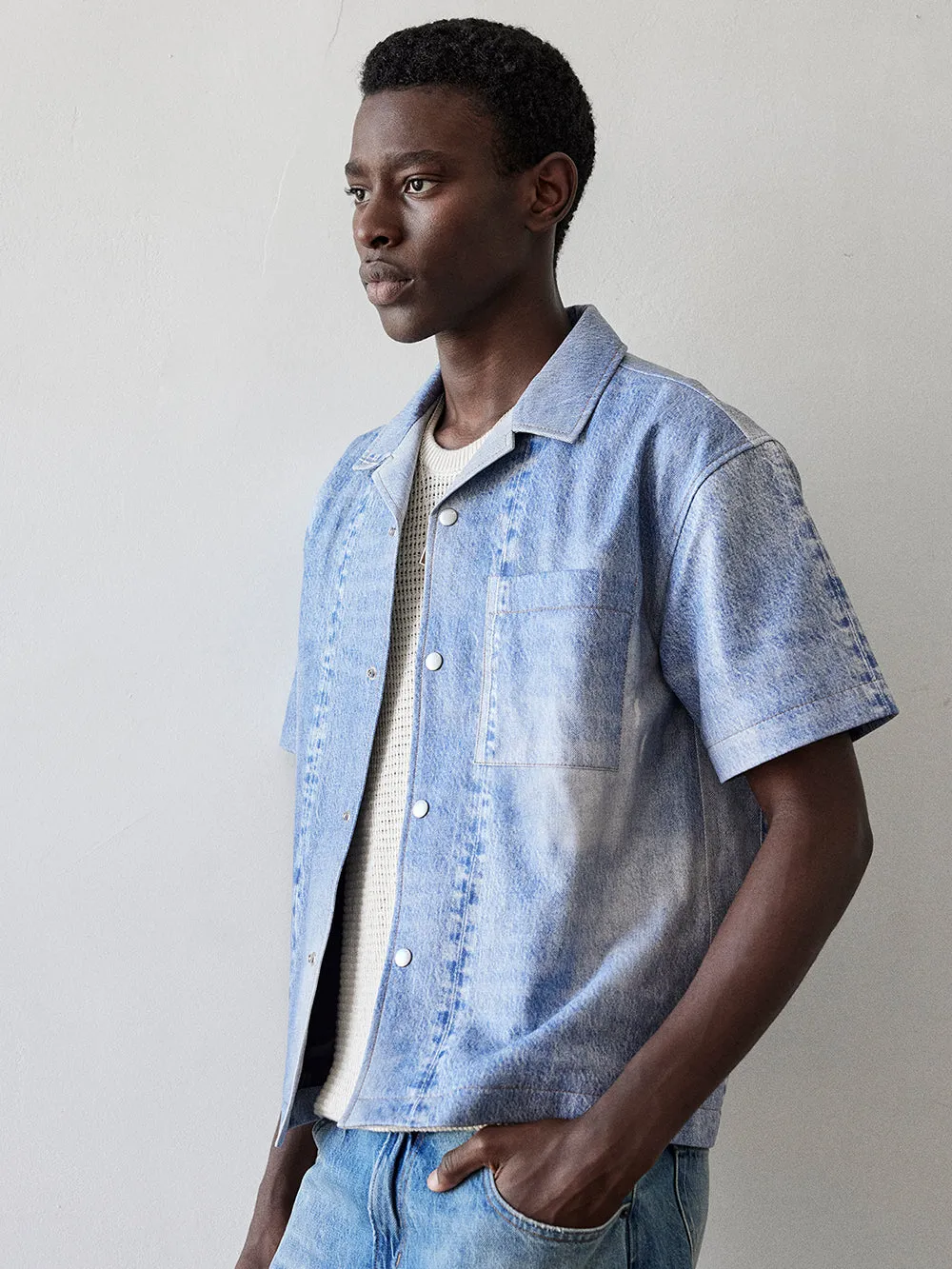 Printed Denim Leather Shirt -- Indigo