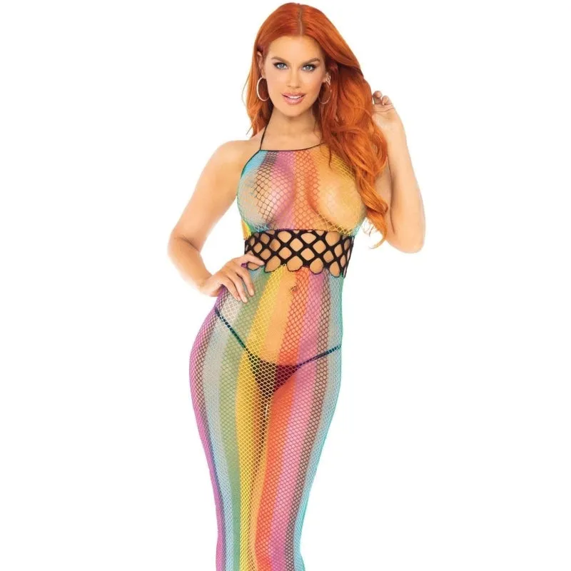 Rainbow Fishnet Halter Dress - One Size - Multicolor