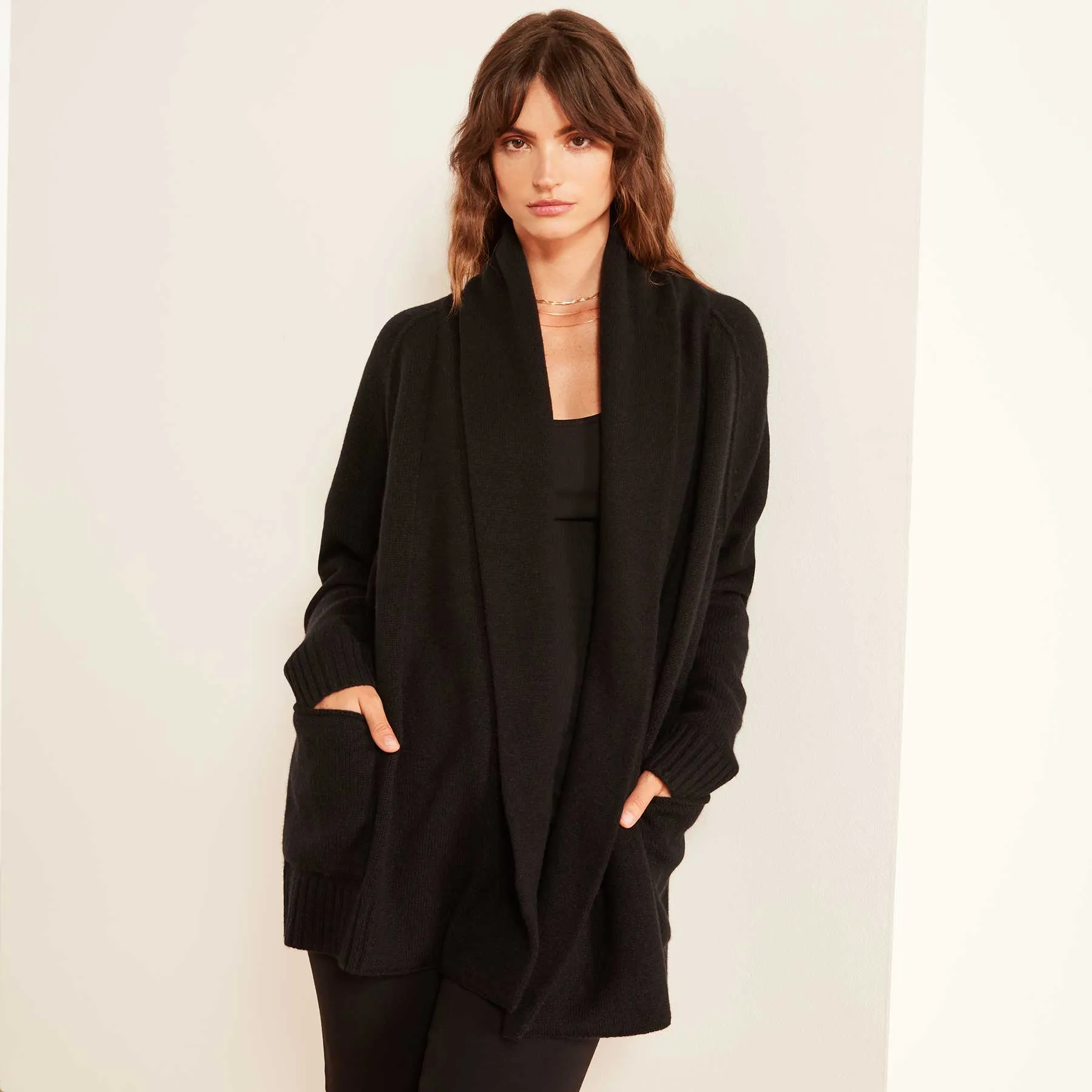 Recycled Cashmere Shawl Collar Cardigan Sweater - Black