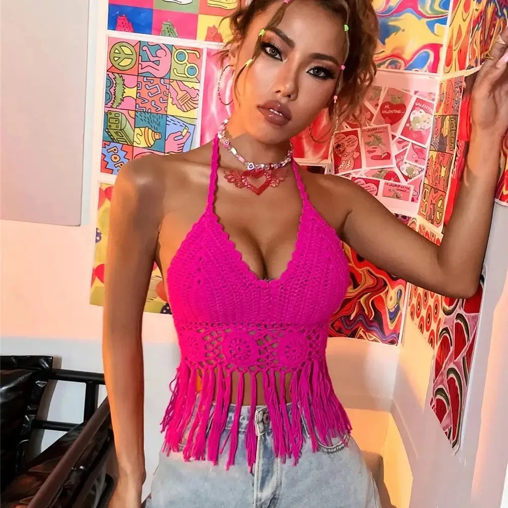 Sexy Boho Beach Holiday Camisole Halter Women Crochet Knit Swimsuit Bra Backless Vest Hollow Tassel Tank Top Women's Crop Tops