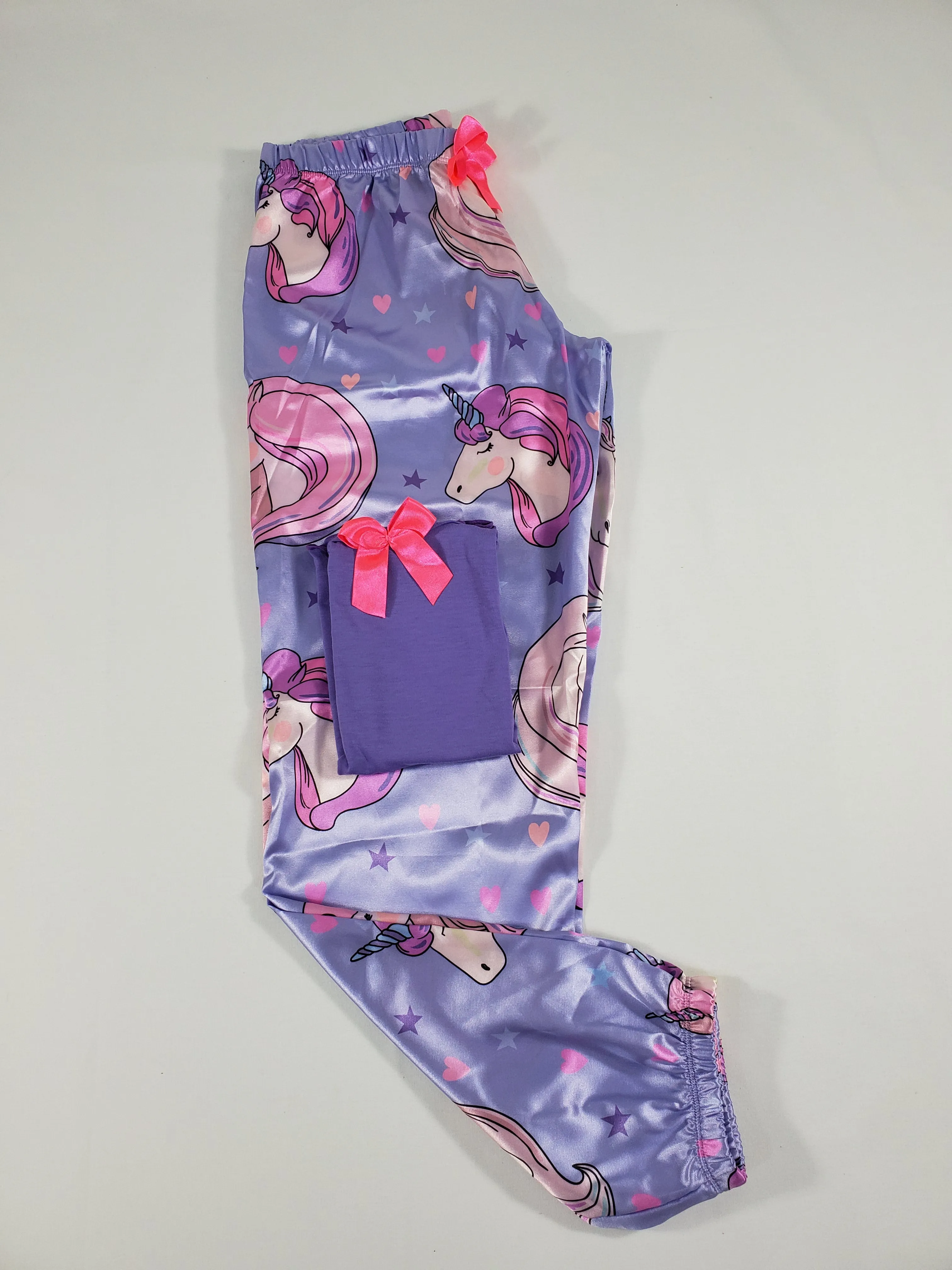 Sexy purple satin Women's pajama pants with unicorn theme purple blouse