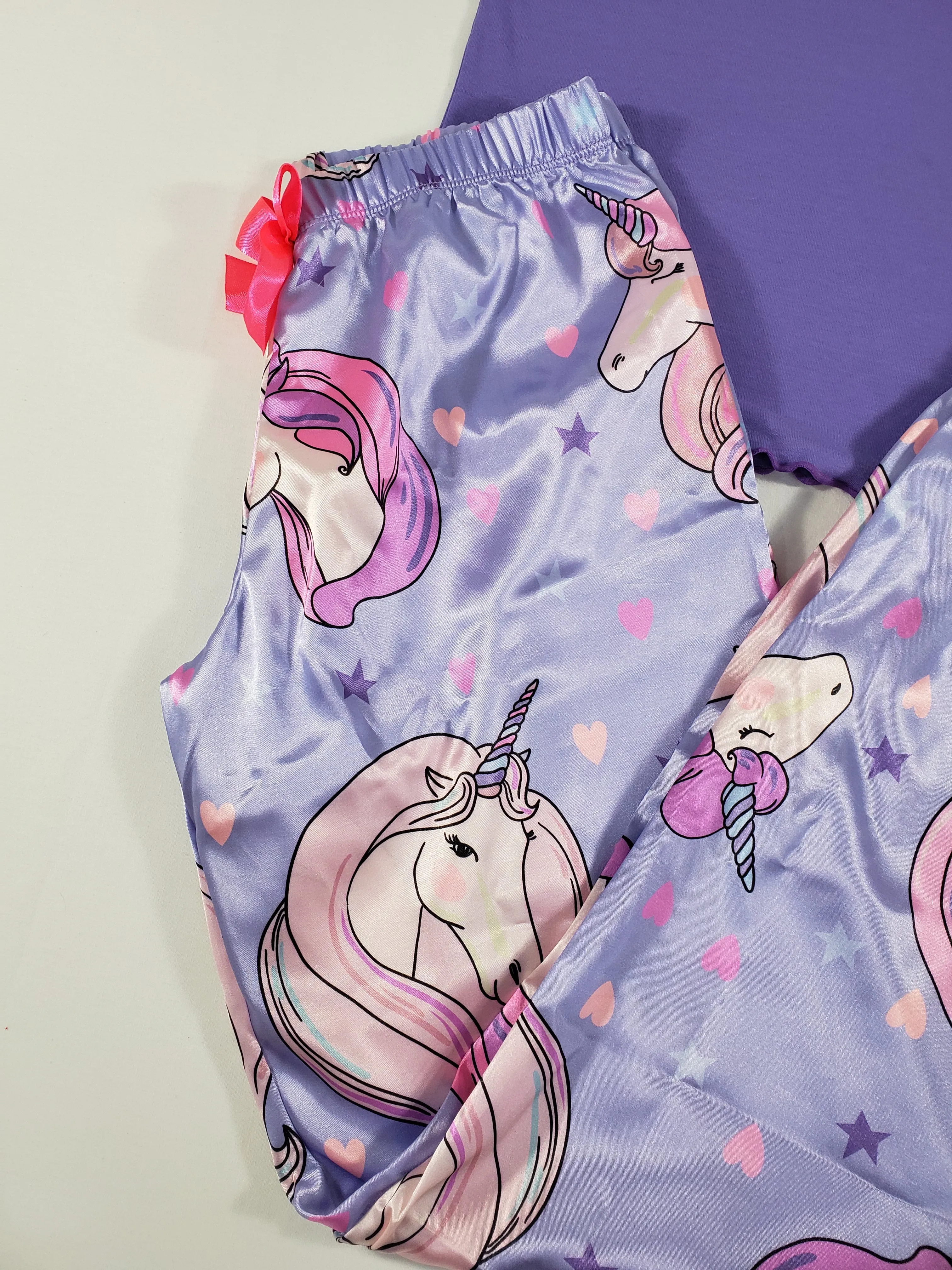 Sexy purple satin Women's pajama pants with unicorn theme purple blouse