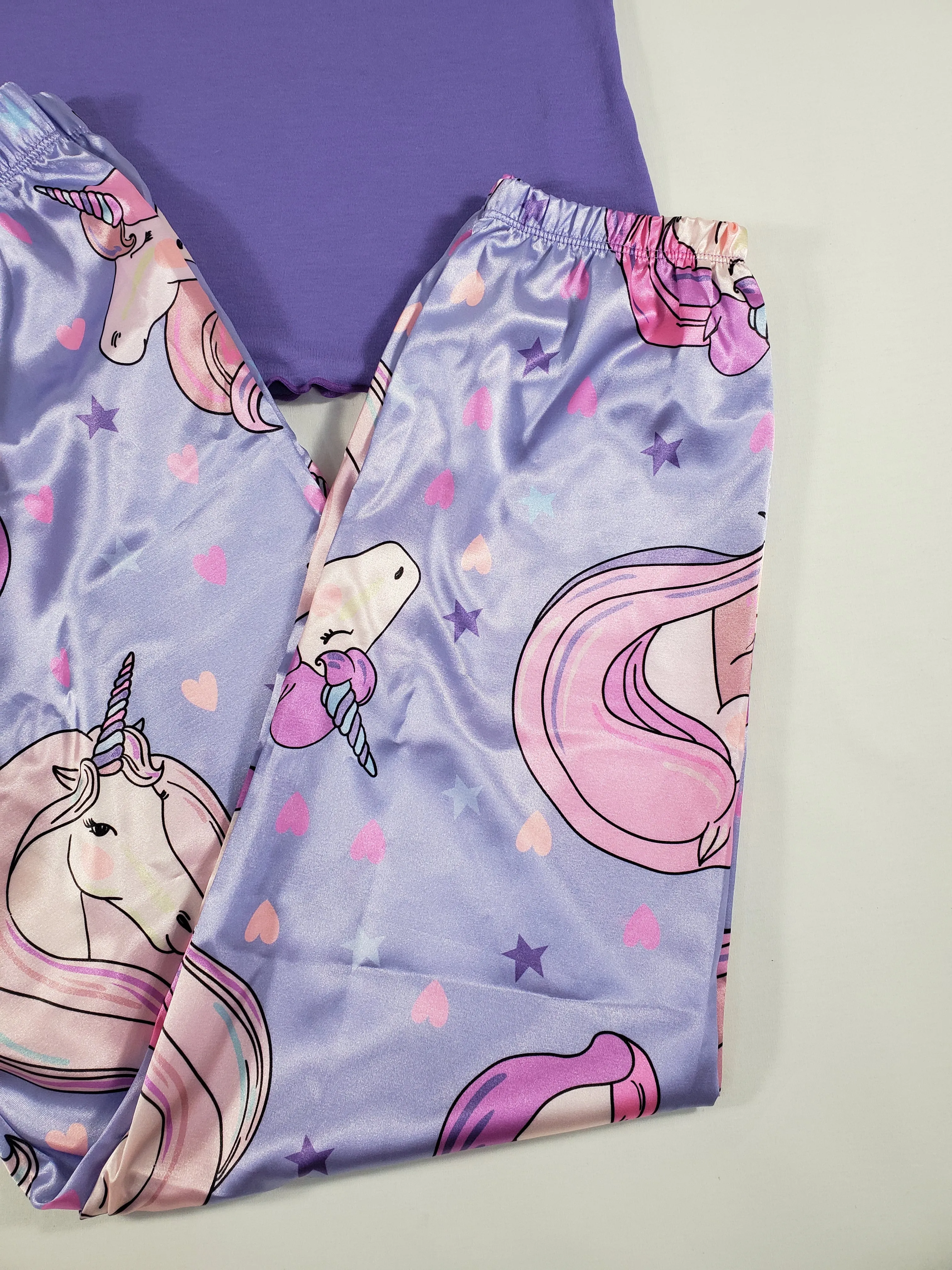 Sexy purple satin Women's pajama pants with unicorn theme purple blouse