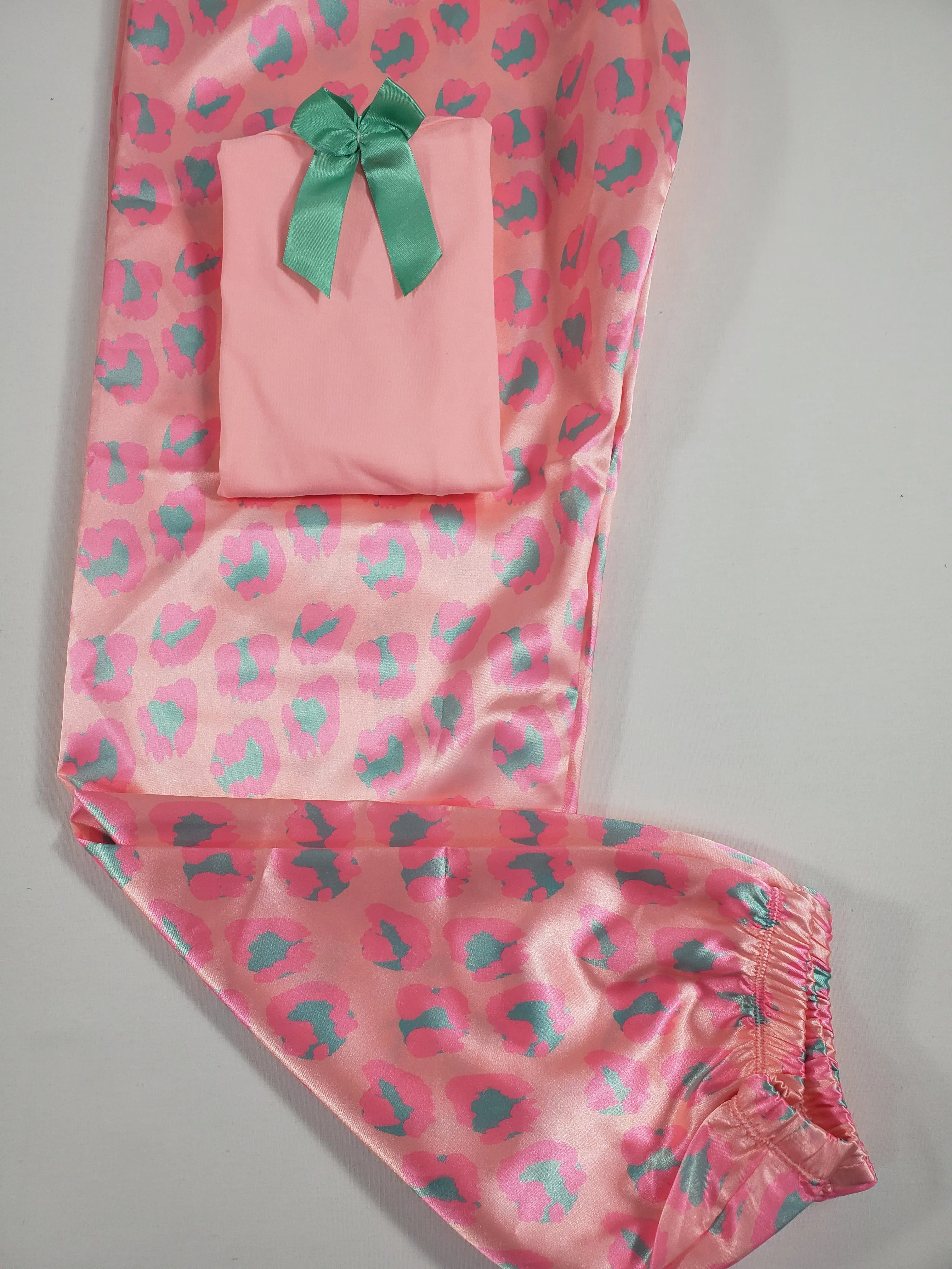 Sexy satin pink Women's pajama animal theme pants pink blouse