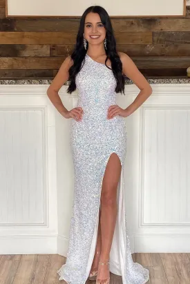 Sheath One Shoulder White Sequins Long Prom Dress with Split Front