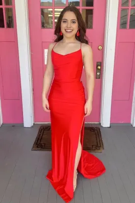 Sheath Spaghetti Straps Red Long Prom Dress with Split Front