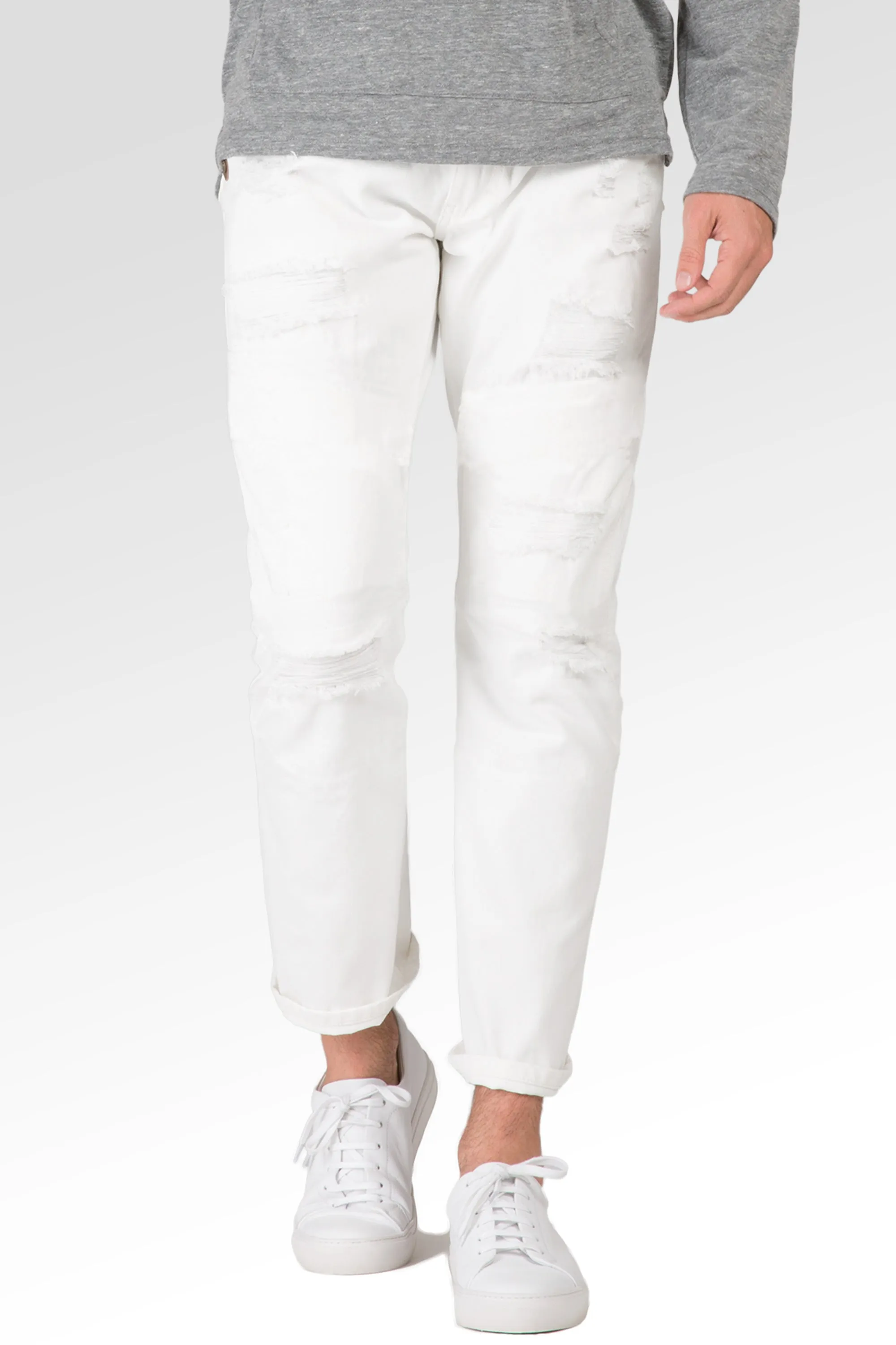 Slim Straight Distressed & Mended White Premium Denim 5 Pocket Jeans