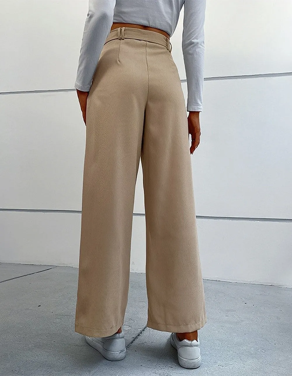 Solid-color Corduroy Belted Pocket Wide-Leg Pants