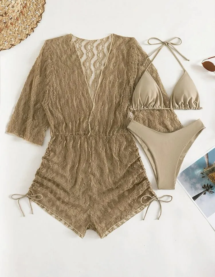 Solid-color Long Sleeve Mesh Drawstring Three-Piece Bikini Cover Up Sets