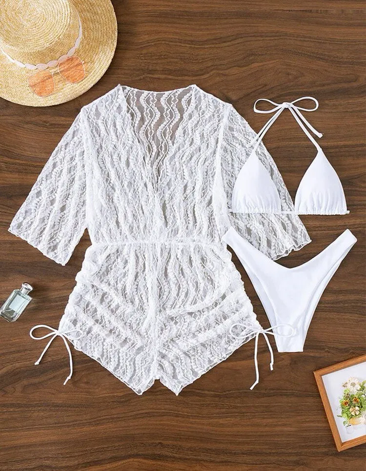 Solid-color Long Sleeve Mesh Drawstring Three-Piece Bikini Cover Up Sets