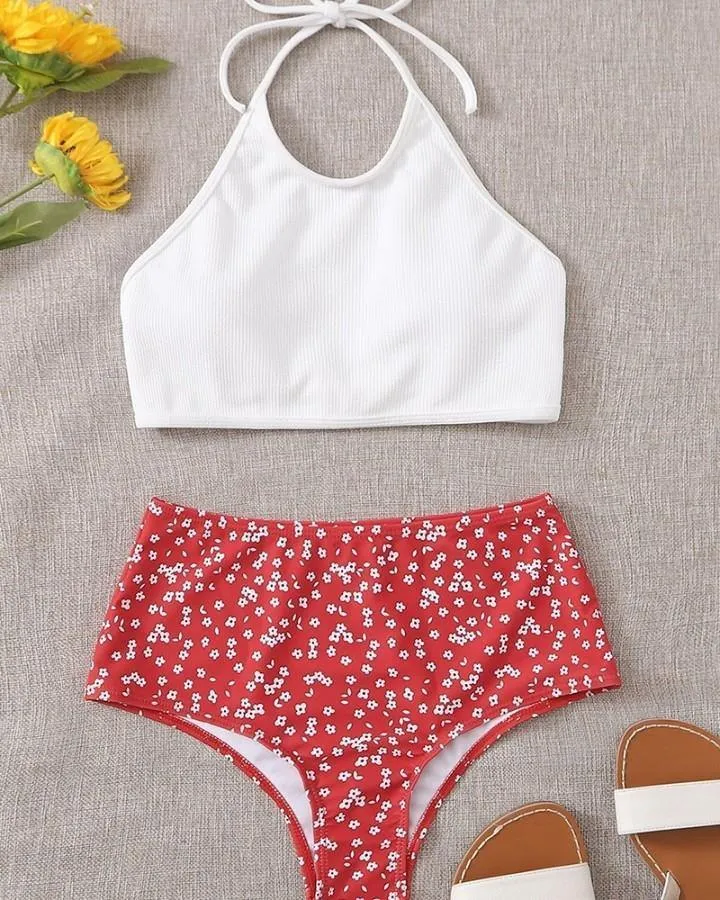 Solid Halter Tanks With Daisy Print Panties Bikini Sets