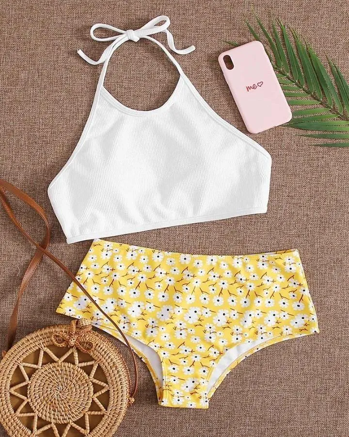 Solid Halter Tanks With Daisy Print Panties Bikini Sets