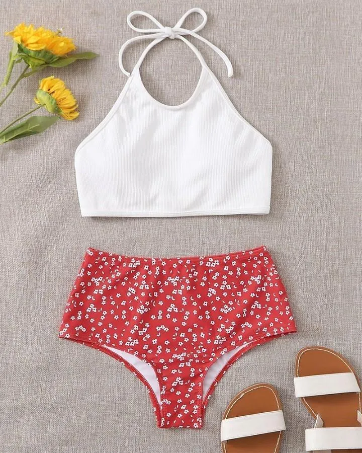 Solid Halter Tanks With Daisy Print Panties Bikini Sets