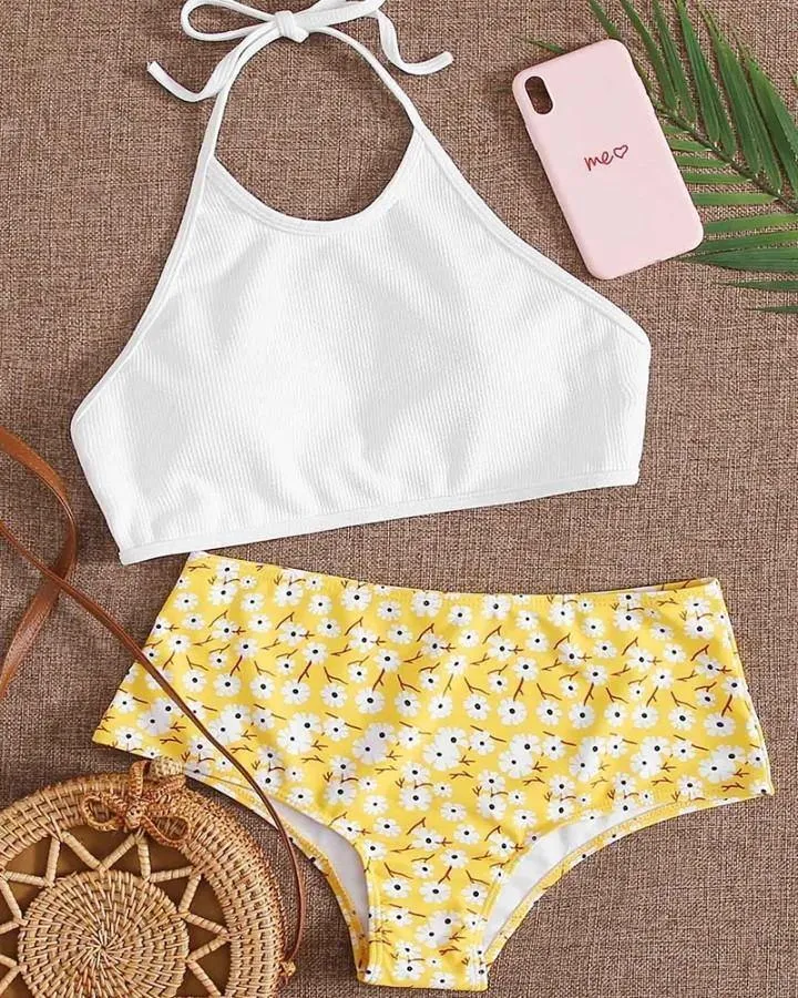 Solid Halter Tanks With Daisy Print Panties Bikini Sets