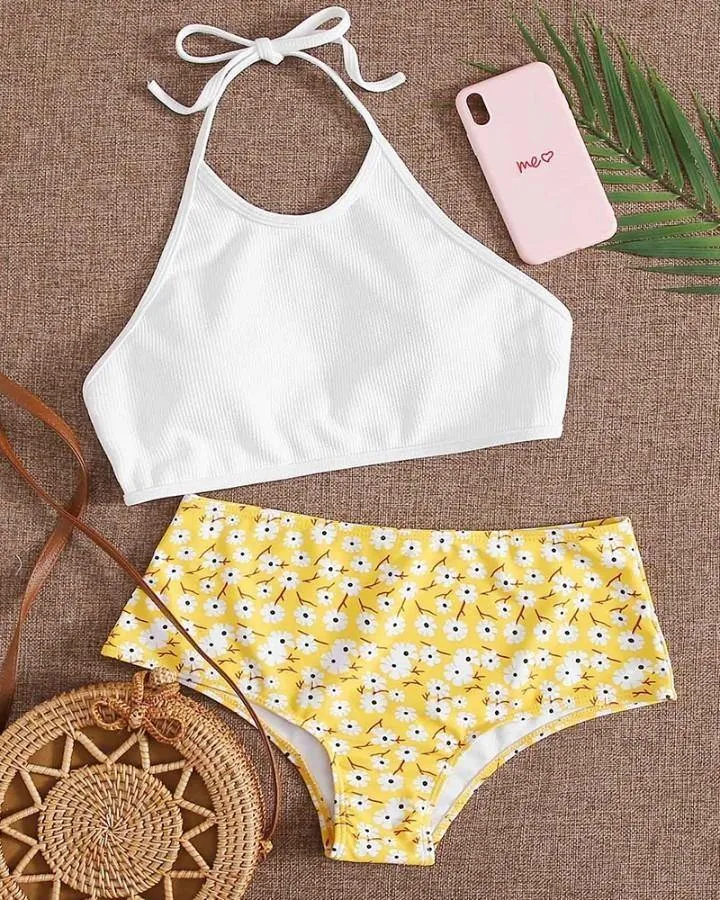 Solid Halter Tanks With Daisy Print Panties Bikini Sets