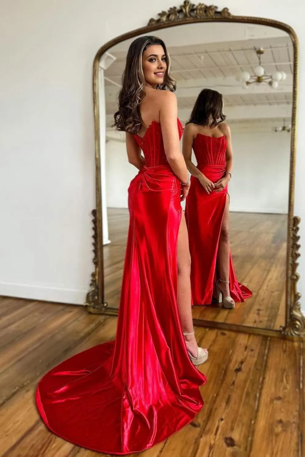 Sparkly Red Sheath Corset Long Prom Dress with Lace