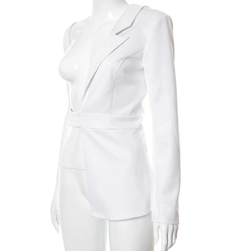 summer white notched belt waist sexy women blazer