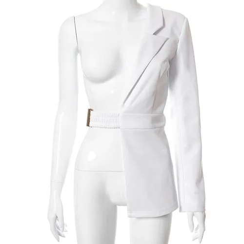 summer white notched belt waist sexy women blazer