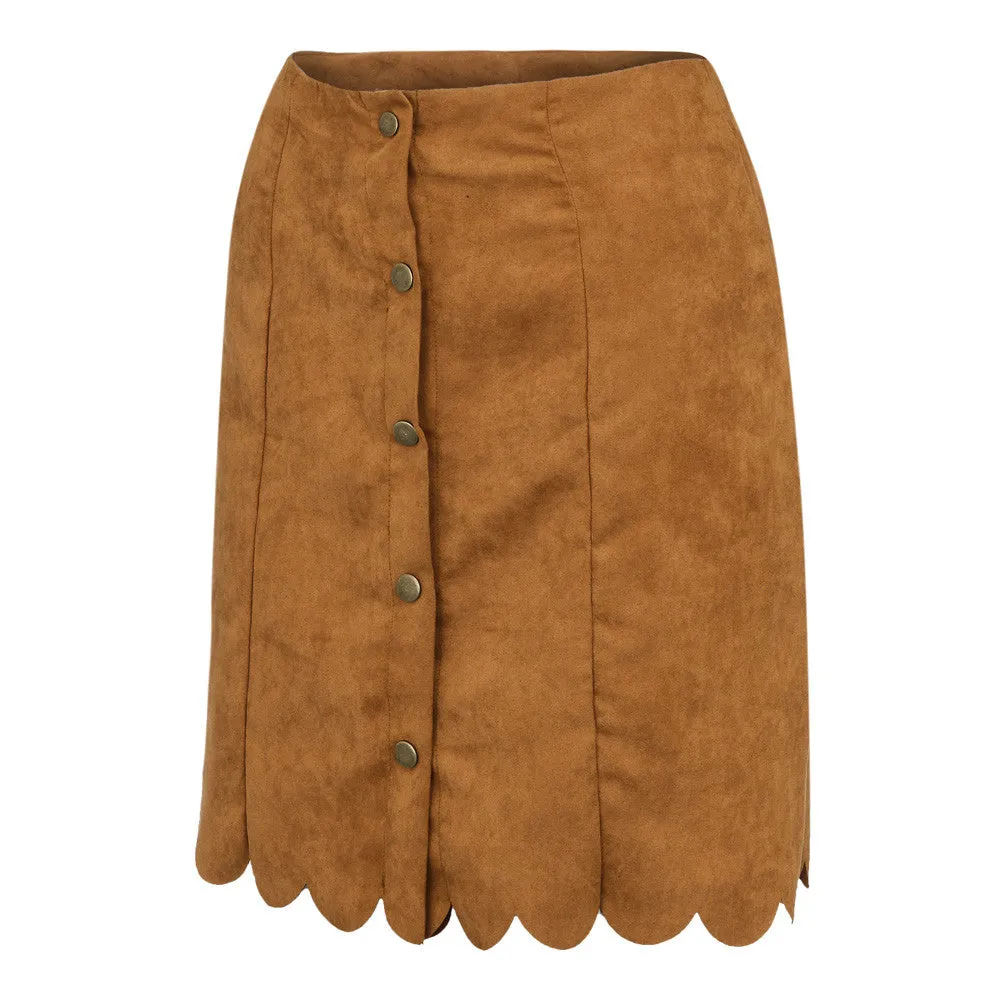 VenusFox Straight High Waist Button Suede Skirt