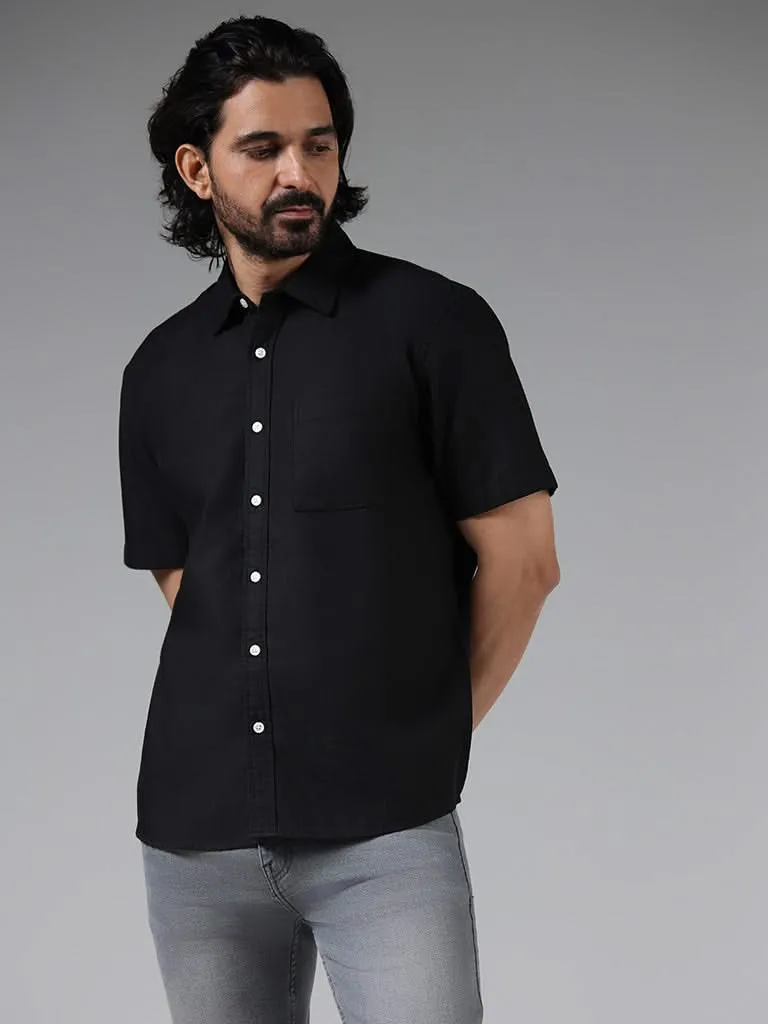 WES Casuals Solid Black Cotton Blend Relaxed-Fit Shirt