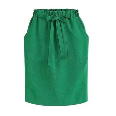 Women's Cotton Elastic Waist Bow Skirt - Summer/Autumn Midi Office Pencil Style (Green)